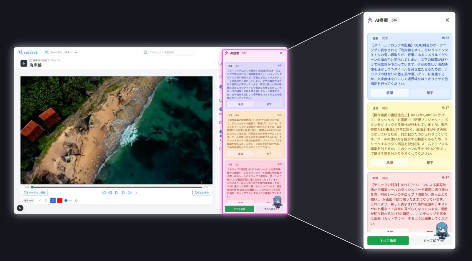 AI動画解析の提案パネル。提案・注意・問題などの種別バッジとタイムコードが付き、1件ずつ承認・却下できる