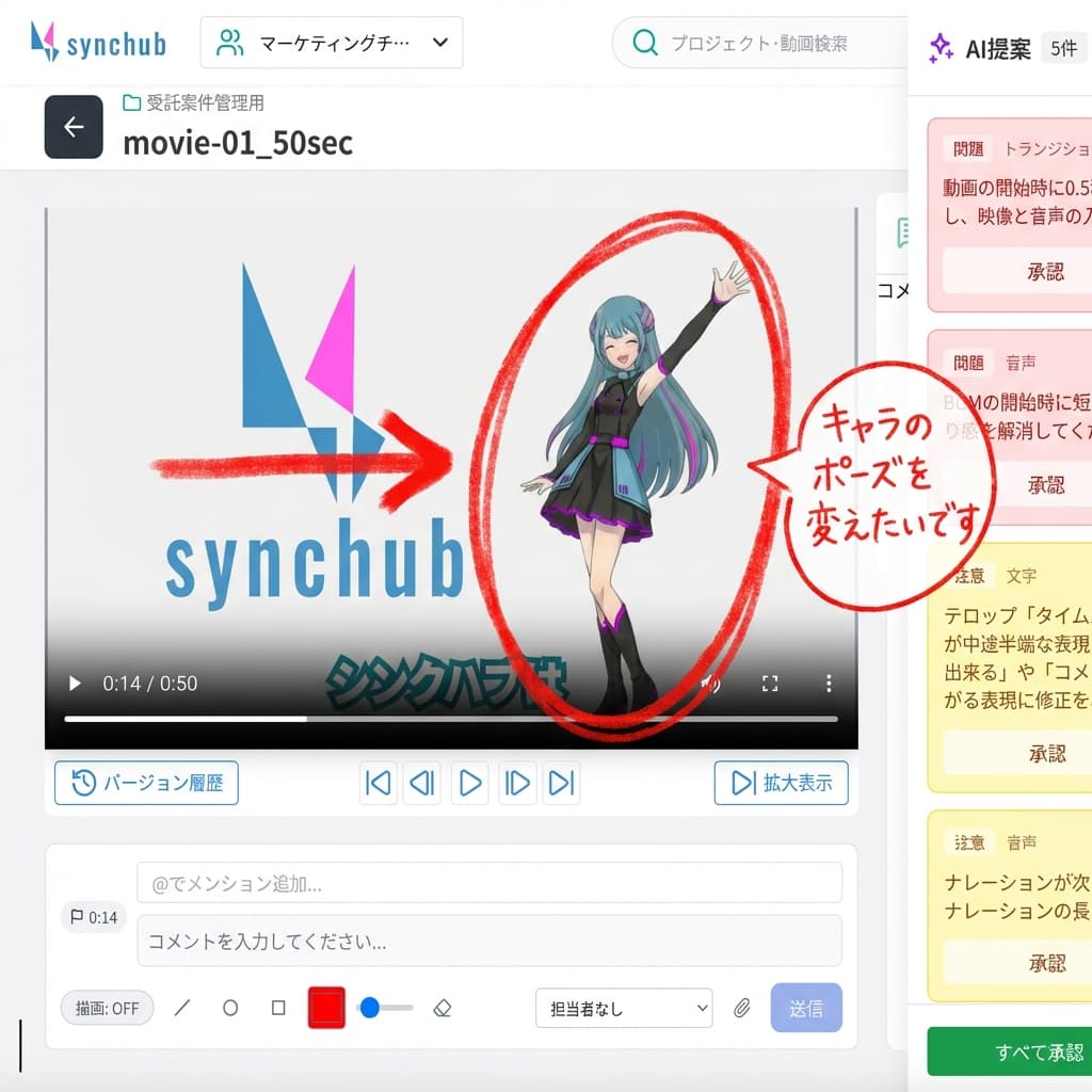 synchubの修正指示画面。動画に赤い手描きの印とコメントが付いている
