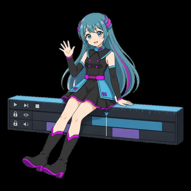 AIナビゲーターのナギちゃん。編集タイムラインのバーに腰かけて手を振っている