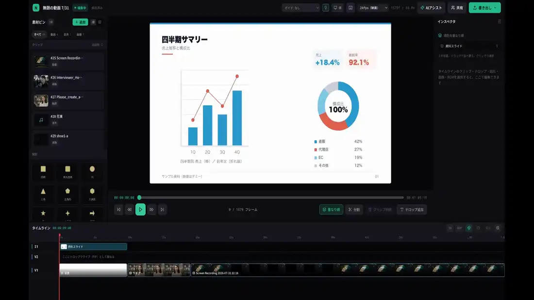 ワイプを配置し、V1とV2のレーン間で入れ替える操作
