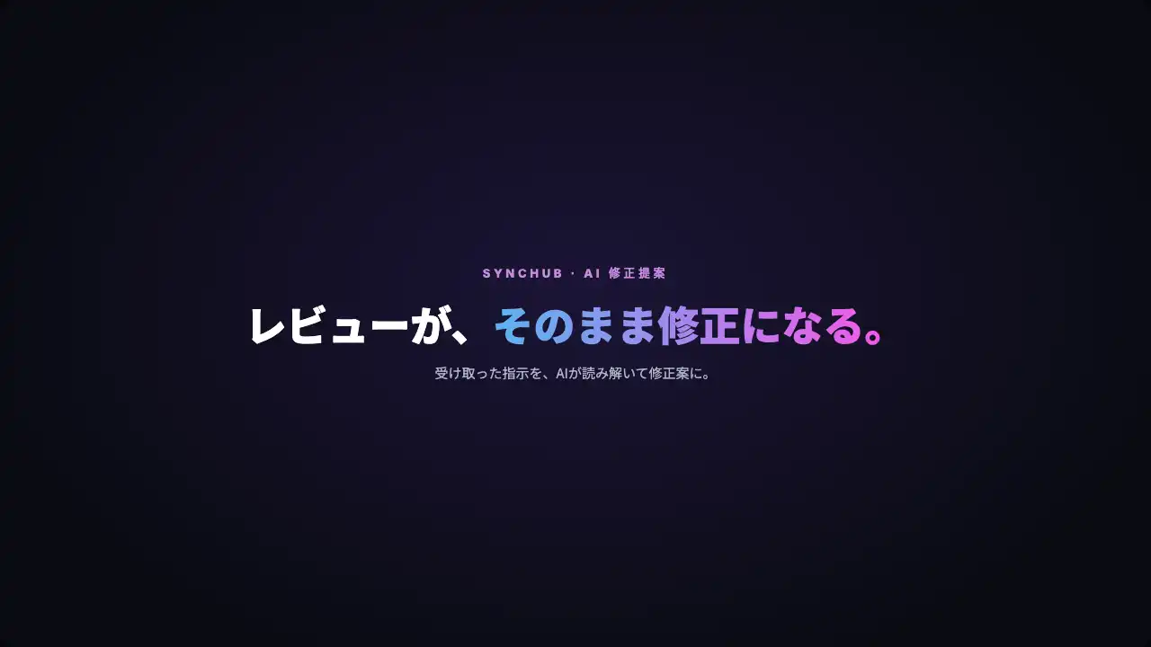 レビューのコメントからエディタのAIアシストを開き、提案カードを適用してテロップが変わるまでの流れ